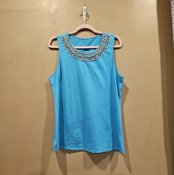 Blue Sleeveless Top with Embellished Neckline - Picture 1 of 11